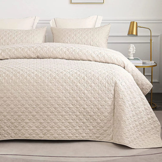 Whale Flotilla Quilt Set Twin Size, Soft Microfiber Lightweight Bedspread Coverlet Bed Cover (Diamond Pattern) for All Seasons, Brich Beige, 2 Pieces (Includes 1 Quilt, 1 Sham