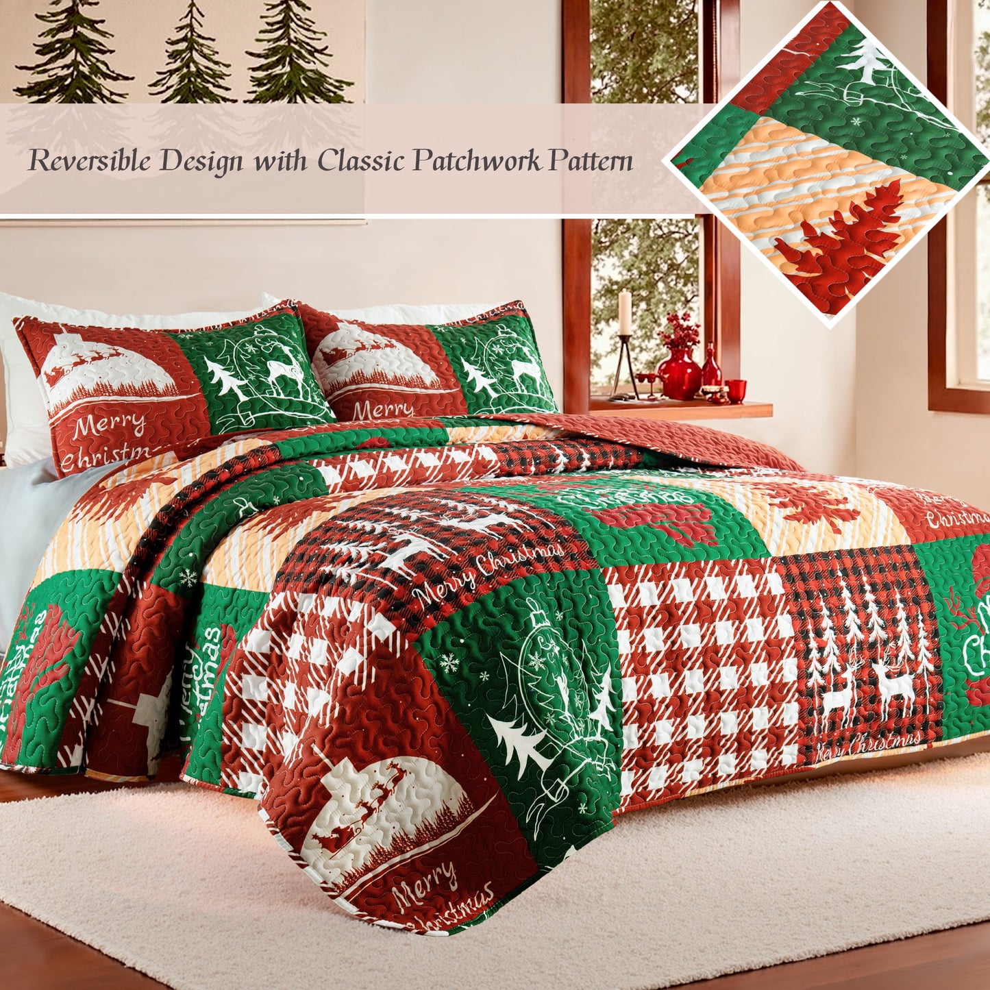 Whale Flotilla Reversible Patchwork Quilts California King Size, Lightweight Boho Printed Bedspreads Coverlets Oversized Quilt Bedding Set with 2 Pillow Shams for All Seasons, Happy Christmas