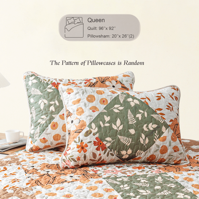 Whale Flotilla Reversible Patchwork Quilt Set Queen Size, Lightweight Boho Printed Bedspreads Coverlets Quilts Bedding Set with 2 Pillow Shams for All Seasons, Orange