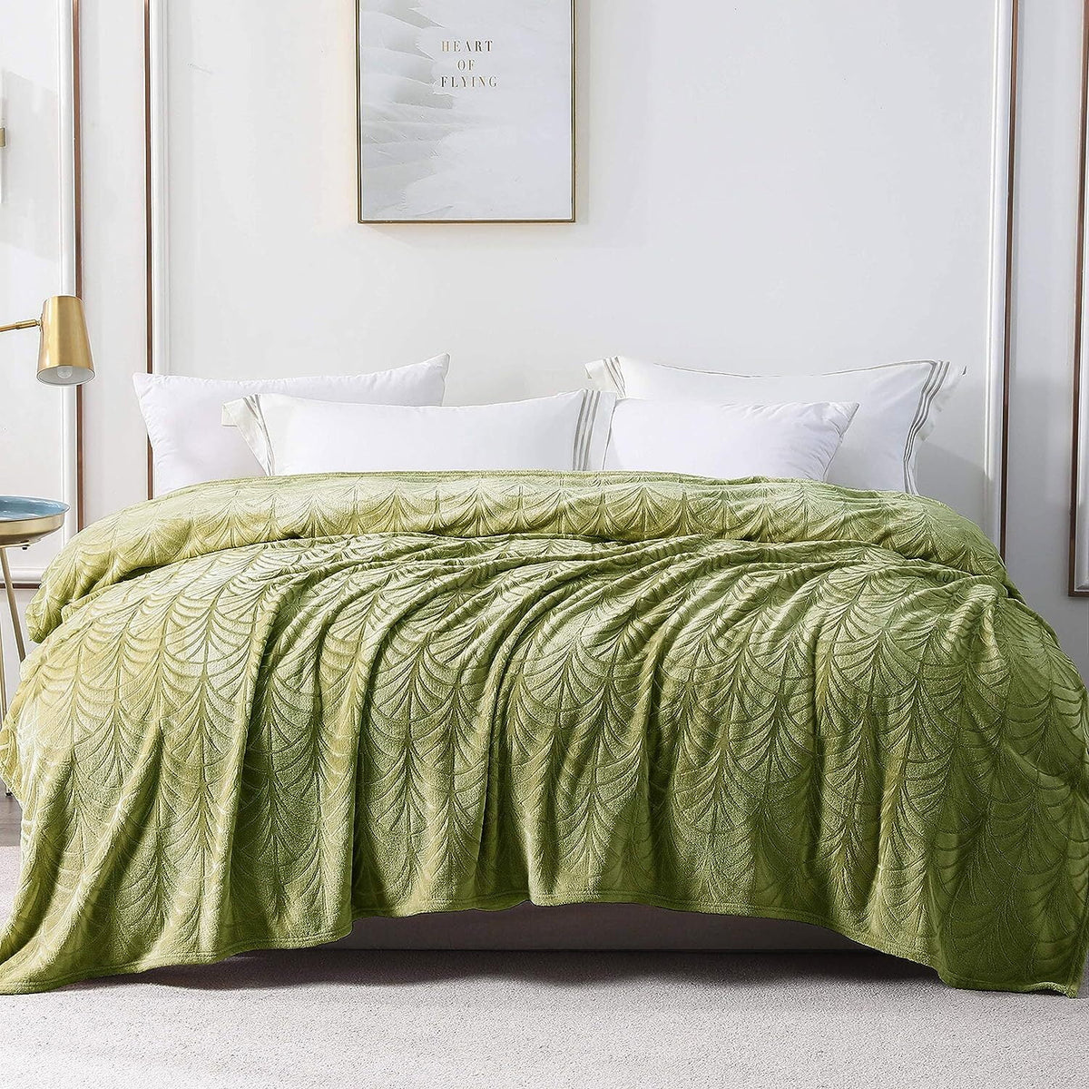 Whale Flotilla Flannel Fleece 90x104 Inch King Size Blanket for Bed, Soft Fluffy Velvet Bedspread Coverlet with Decorative Vintage Pattern for All Season, Warm and Lightweight, Olive Green