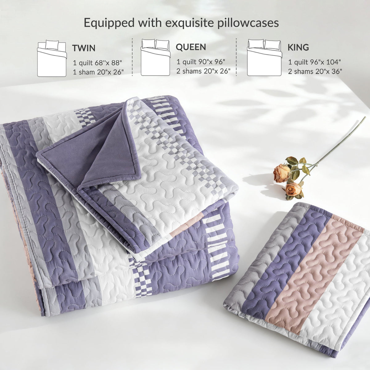 Whale Flotilla Reversible Ultra Soft Printed Quilts Queen Size, Lightweight Patchwork Geometric Stripes Bedspreads Coverlets Queen Quilt Bedding Set with 2 Pillow Shams for All Seasons, Purple/Pink