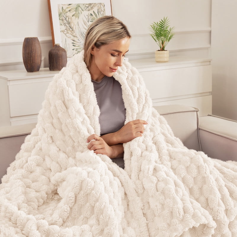 Whale Flotilla 60"x 80" Twin Size Blanket for Bed with Expanded 3D-Jacquard Pattern, Fuzzy Soft Cozy Exquisite Blankets or All Season, Warm and Fluffy, White
