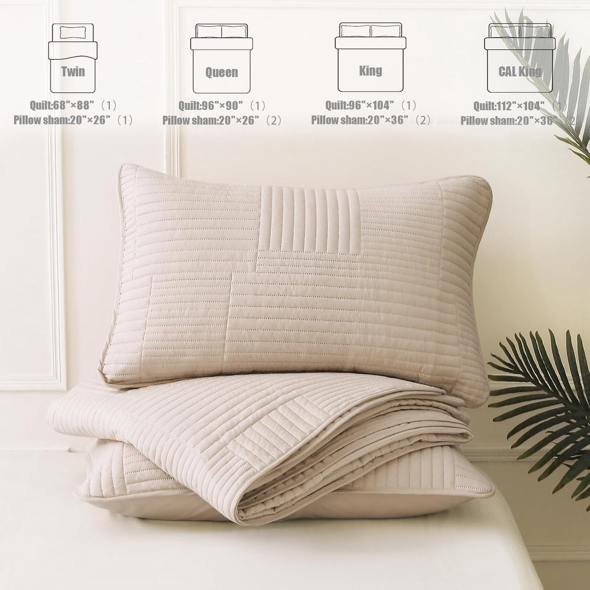 Whale Flotilla Twin Quilt Set, Soft and Lightweight Bedspreads Coverlet with Striped Pattern, Reversible Bedding Sets with Pillow Shams, 68x88 Inches, Brich Beige