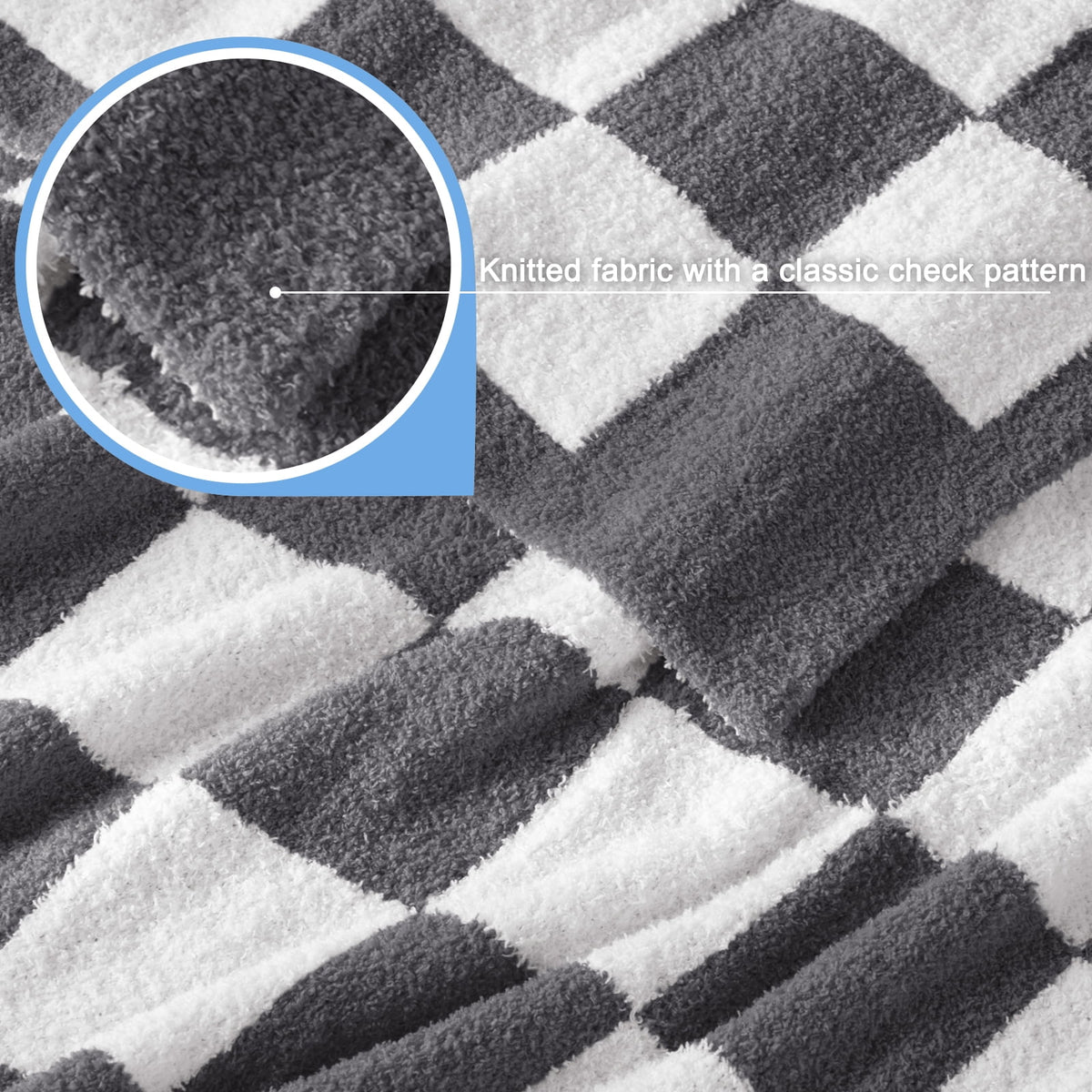 Whale Flotilla Checkered Knit Twin Size Blanket for Bed, Soft Fluffy and Cozy, 60"x80", Grey