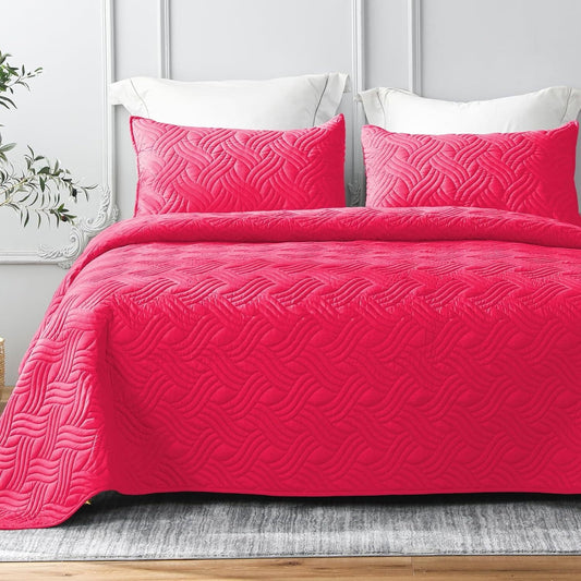 Whale Flotilla Quilt Set Twin Size, Soft Microfiber Lightweight Bedspread Coverlet Bed Cover (Wave Pattern) for All Seasons♀?Hot Pink, 2 Pieces (Includes 1 Quilt,1 Sham)
