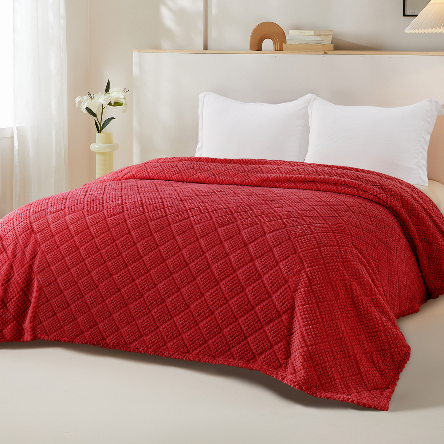 Whale Flotilla Fuzzy Fleece Twin Size Blanket for Bed, Soft Fluffy Jacquard Waffle Blankets for All Season, Lightweight and Warm, 60x80 Inch, Red