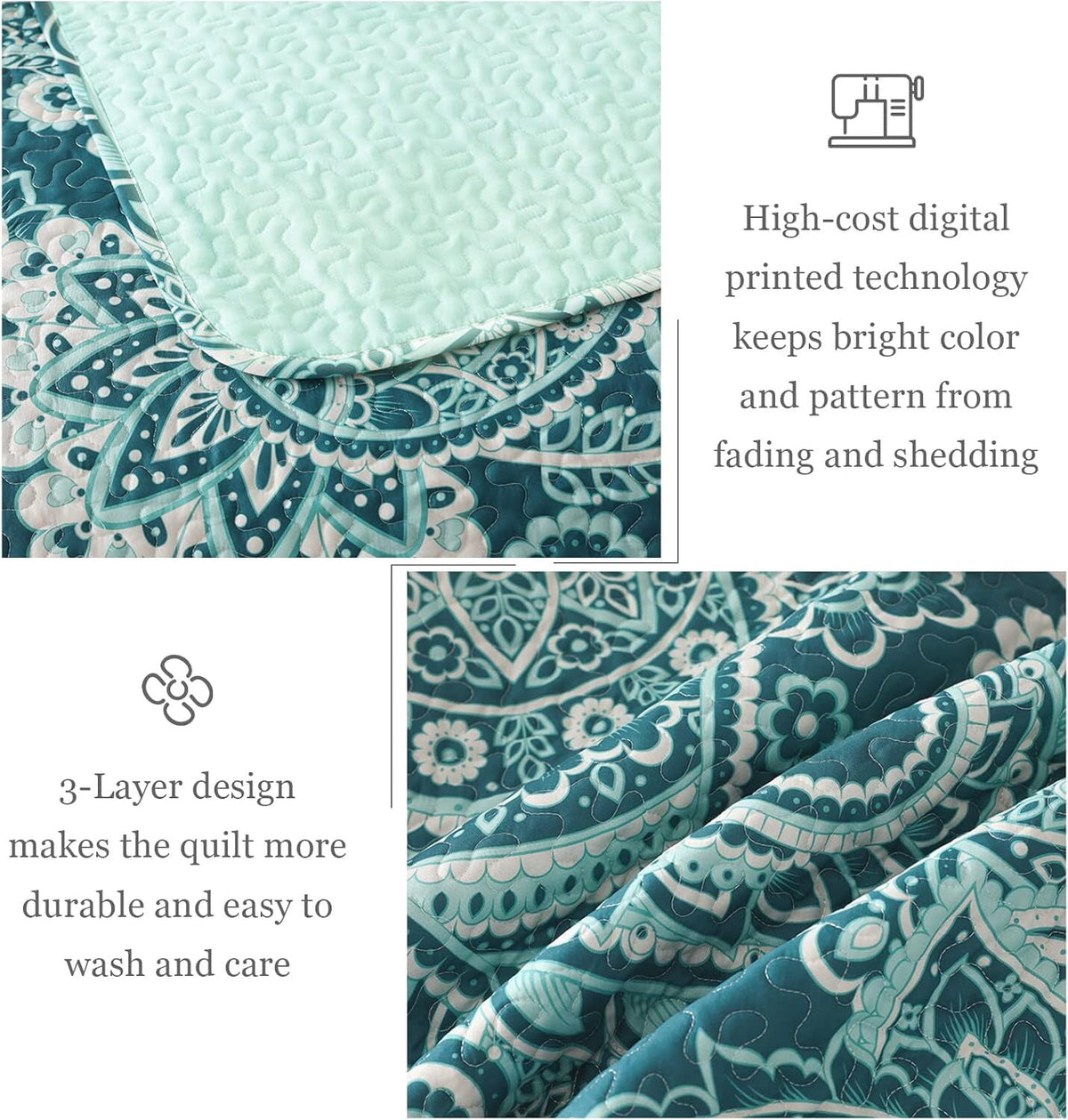 Whale Flotilla Reversible Paisley Quilt Set California King Size, Lightweight Boho Printed Bedspreads Coverlets Quilts Bedding Set with 2 Pillow Shams for All Seasons, Turquoise