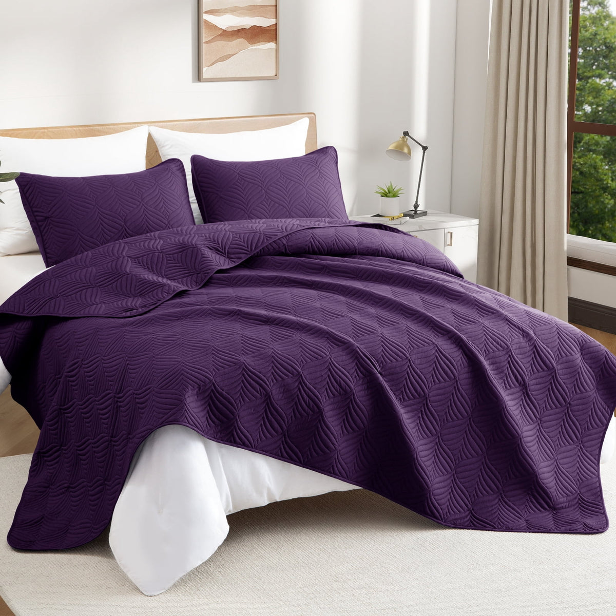 Whale Flotilla King Size Quilt Set, Soft Ultrasonic 96x104 Inch Bedding Set, Lightweight Bedspread Coverlet with Vintage Pattern, Reversible Bed Cover for All Seasons,Dark Purple