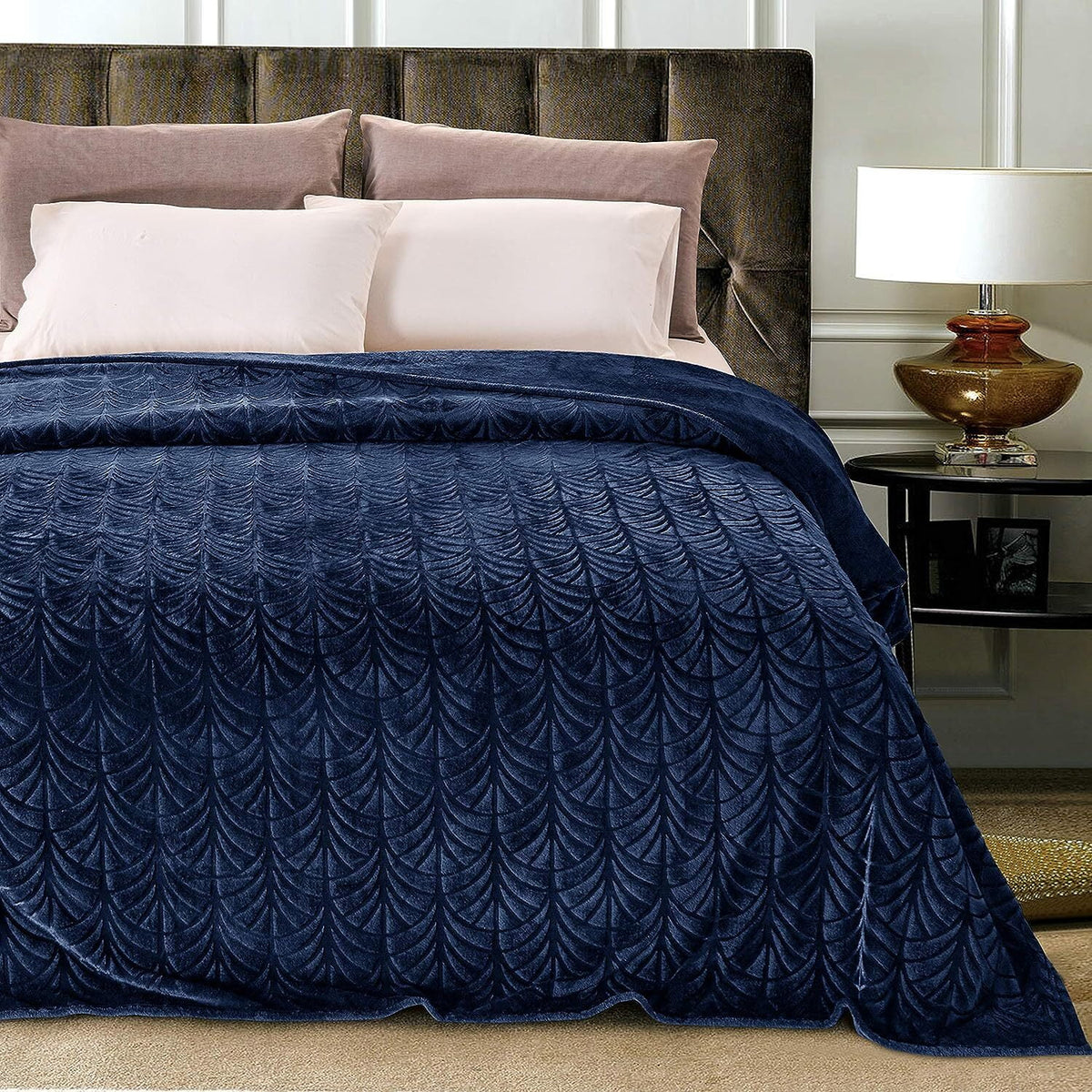 Whale Flotilla Flannel Fleece 90x66 Inch Twin-XL Size Blanket for Bed, Soft Fluffy Velvet Bedspread Coverlet with Decorative Vintage Pattern for All Season, Warm and Lightweight, Navy Blue