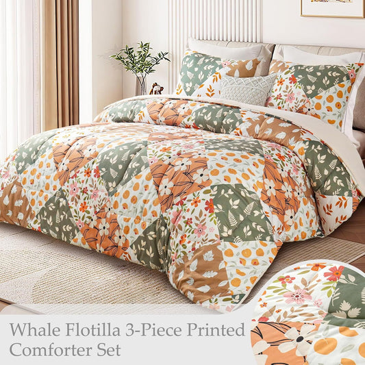 Whale Flotilla King Comforter Set, Soft Reversible Beige Bedding Comforter Set with Pailsey Pattern, 1 Micoriber Printed Comforter and 2 Pillow Shams, 3 Pieces