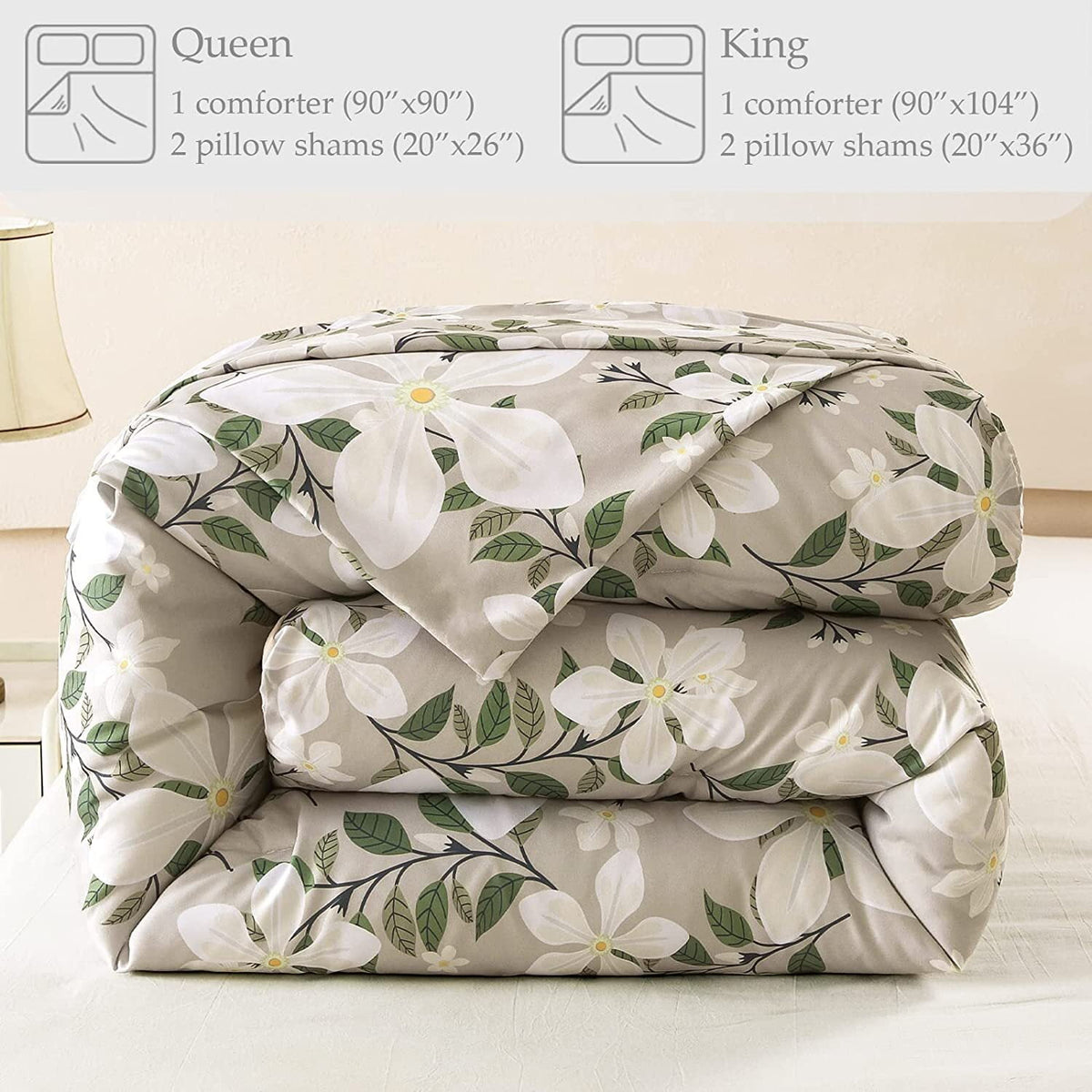 Whale Flotilla 3-Piece Queen Comforter Set, Soft Reversible Bedding Comforter Sets, Floral Printed Down Alternative Comforter Duvet for All Seasons, Bone