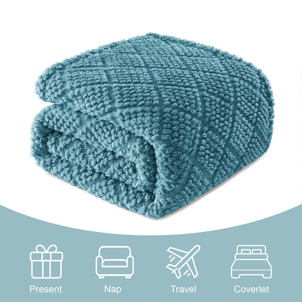 Whale Flotilla Fuzzy Fleece Queen Size Blanket for Bed, Soft Fluffy Jacquard Waffle Blankets for All Season, Lightweight and Warm, 90x90 Inch, Slate Blue