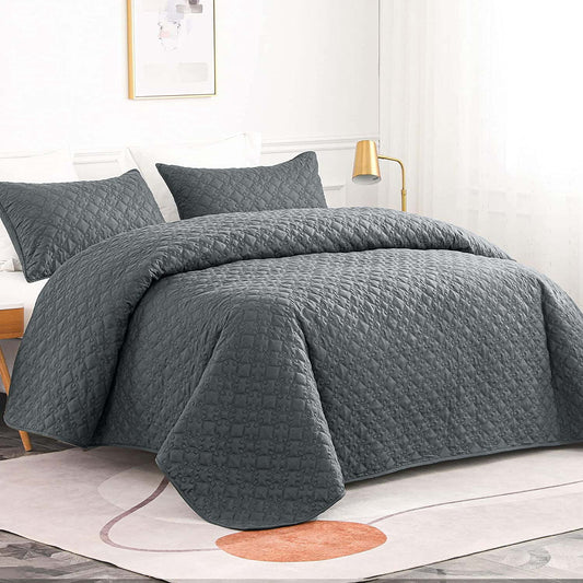 Whale Flotilla Quilt Set Twin Size, Soft Microfiber Lightweight Bedspread Coverlet Bed Cover (Diamond Pattern) for All Seasons, Dark Grey, 2 Pieces (Includes 1 Quilt, 1 Sham)