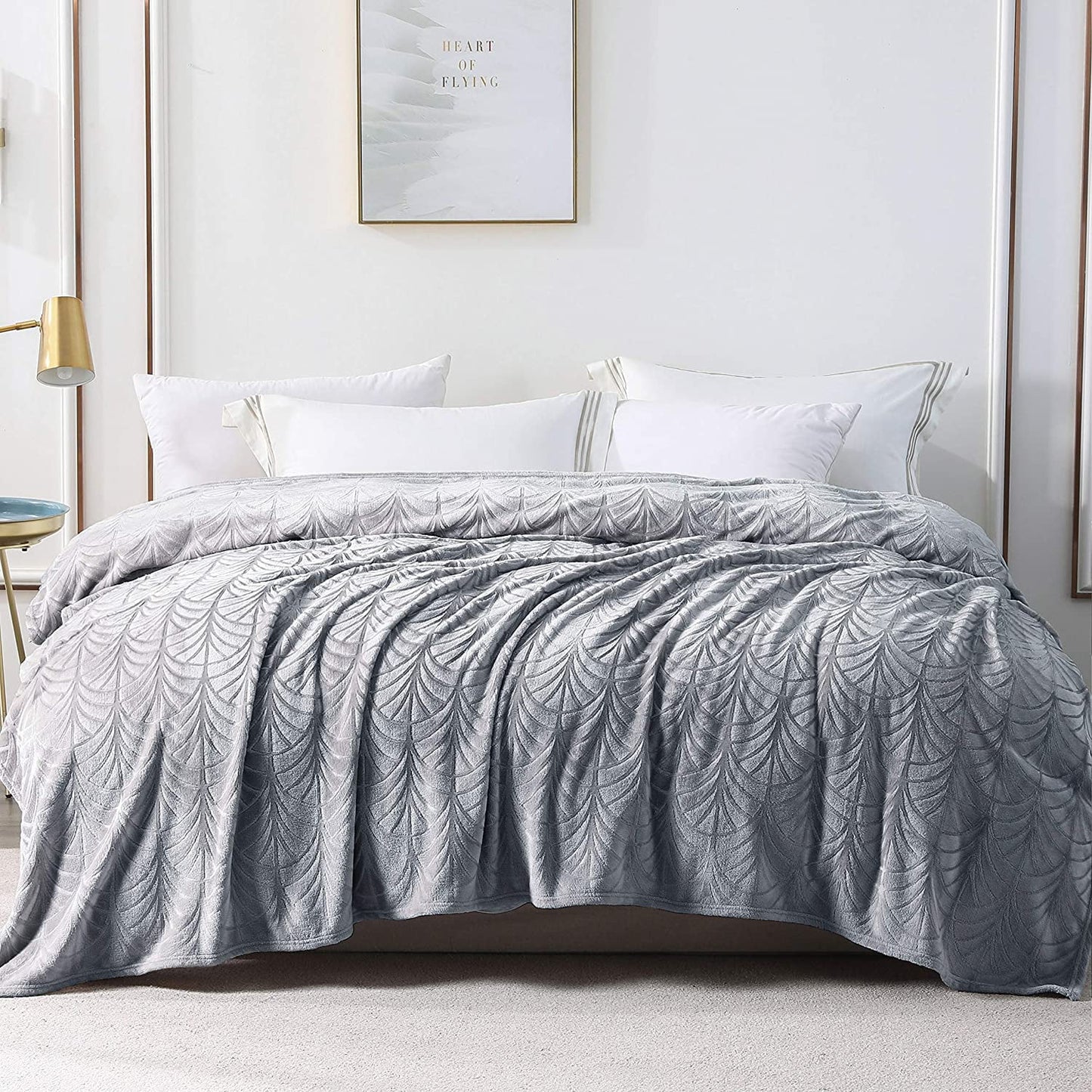 Whale Flotilla Flannel Fleece King Size(90x104 Inch) Lightweight Bed Blanket, Soft Velvet Bedspread Plush Fluffy Coverlet Palm Leaf Design Decorative Blanket for All Seasons, Silver Grey?-