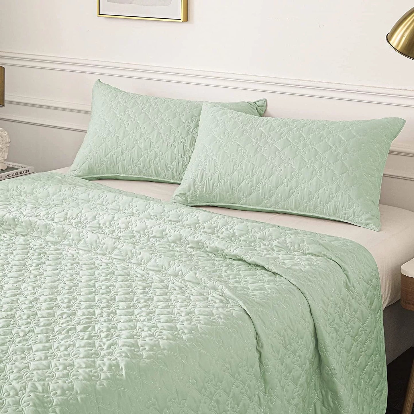Whale Flotilla Quilt Set Twin Size, Soft Microfiber Lightweight Bedspread Coverlet Bed Cover (Diamond Pattern) for All Seasons, Light Aqua, 2 Pieces (Includes 1 Quilt, 1 Sham)