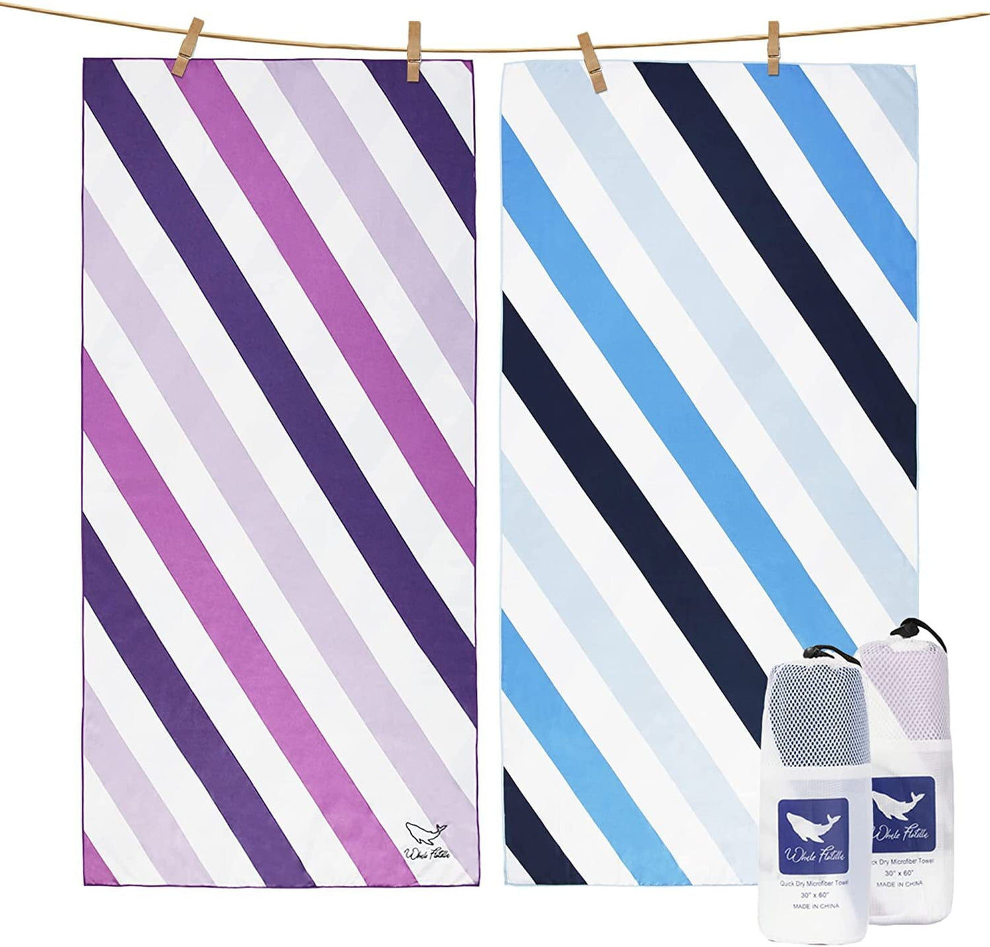 Whale Flotilla Microfiber Oversized Beach Towel, 2 Pack Quick Dry Beach Towel Sand Free Cooling Travel Camp Pool Towel Set for Kids/Adults, Super Absorbent and Portable, Blue and Purple 35x70 Inch