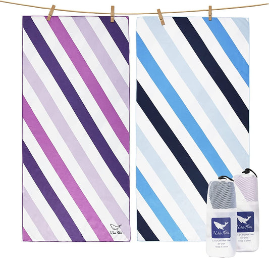Whale Flotilla Microfiber Oversized Beach Towel, 2 Pack Quick Dry Beach Towel Sand Free Cooling Travel Camp Pool Towel Set for Kids/Adults, Super Absorbent and Portable, Blue and Purple 35x70 Inch