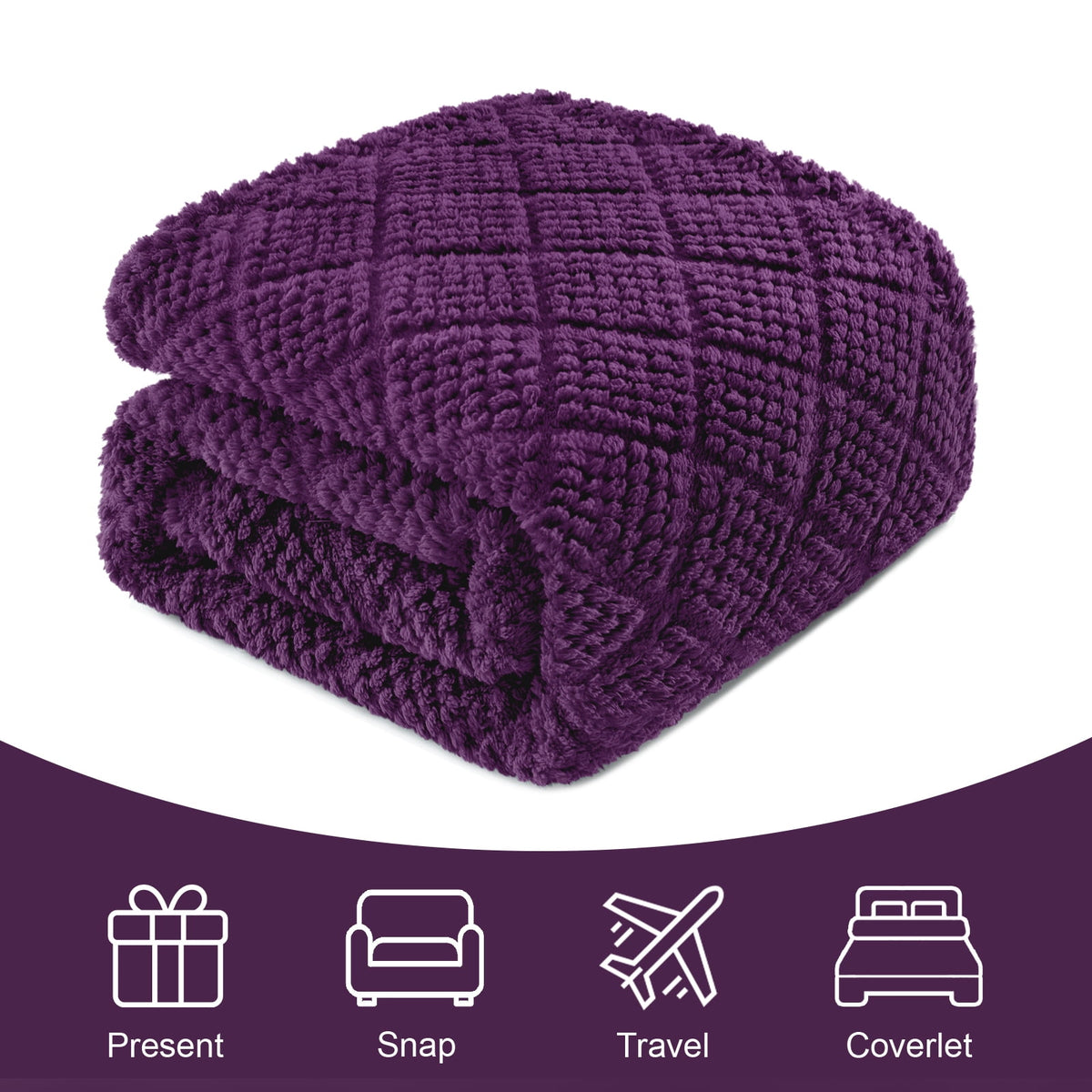 Whale Flotilla Fuzzy Fleece Throw Blanket for Couch, Bed, Soft Fluffy Jacquard Waffle Blankets for All Season, Lightweight and Warm, 50x60 Inch, Purple