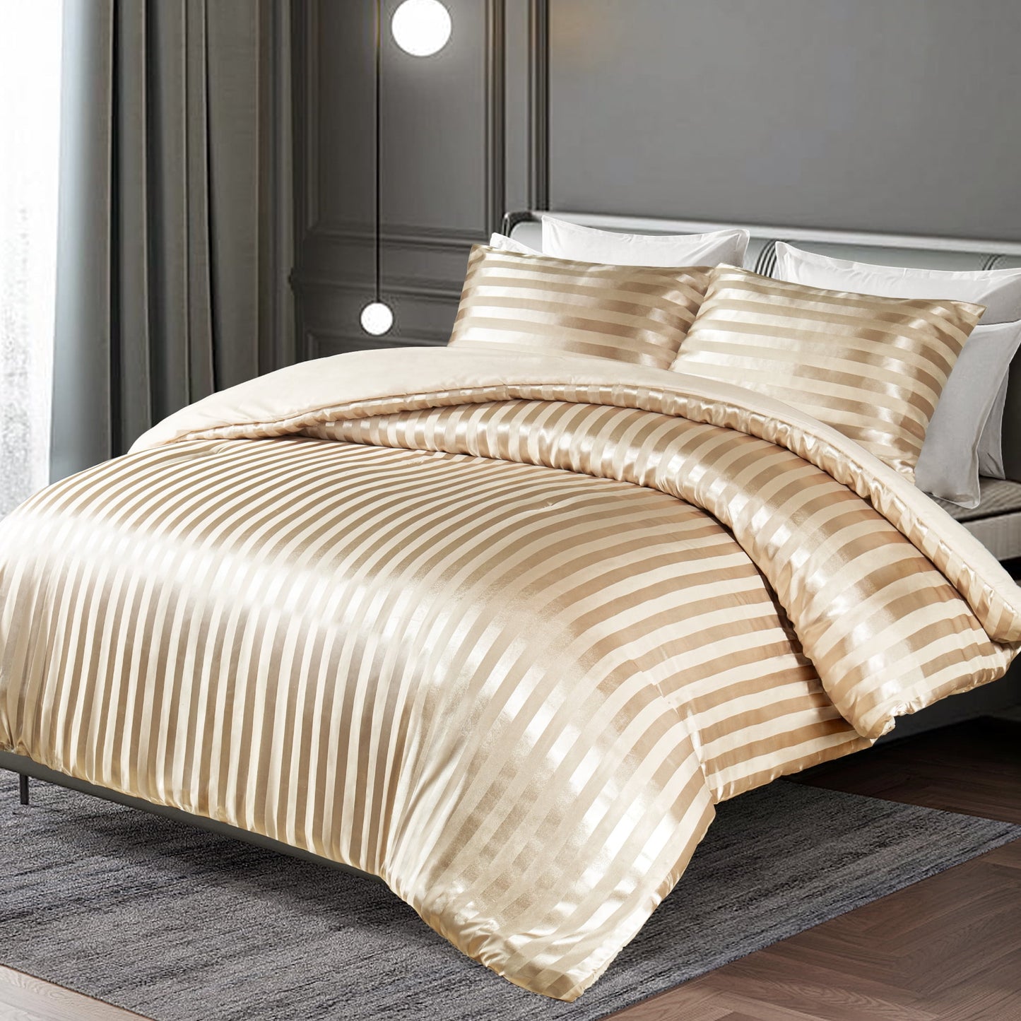 Whale Flotilla 2-Piece Reversible Silky Soft Twin Size Comforter Set, Luxury Stripe Satin Comforter Bedding Set with Satin Pillowcase, Lightweight Duvet for All Seasons, Champagne