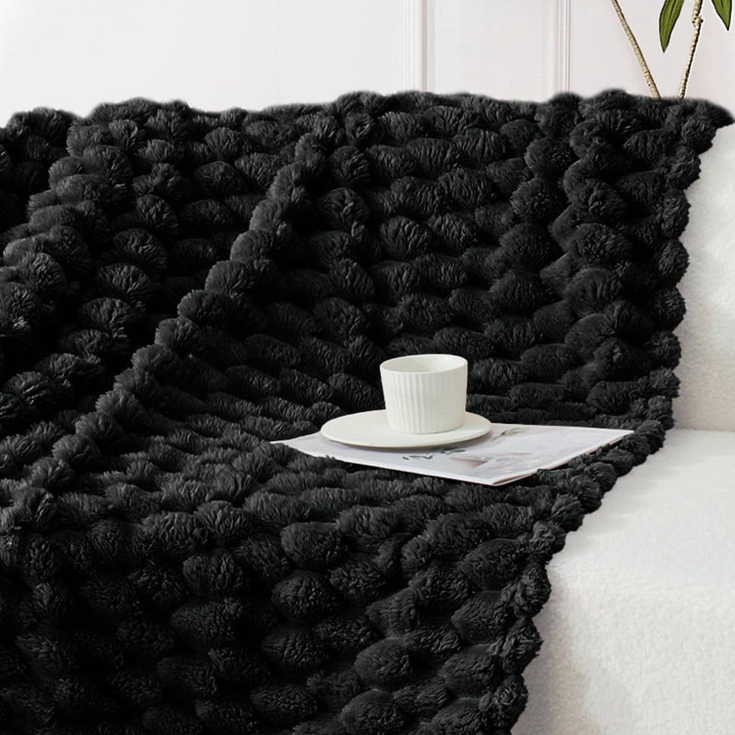 Whale Flotilla 90"x 104" King Size Blanket for Bed with Expanded 3D-Jacquard Pattern, Fuzzy Soft Cozy Exquisite Blankets or All Season, Warm and Fluffy, Black
