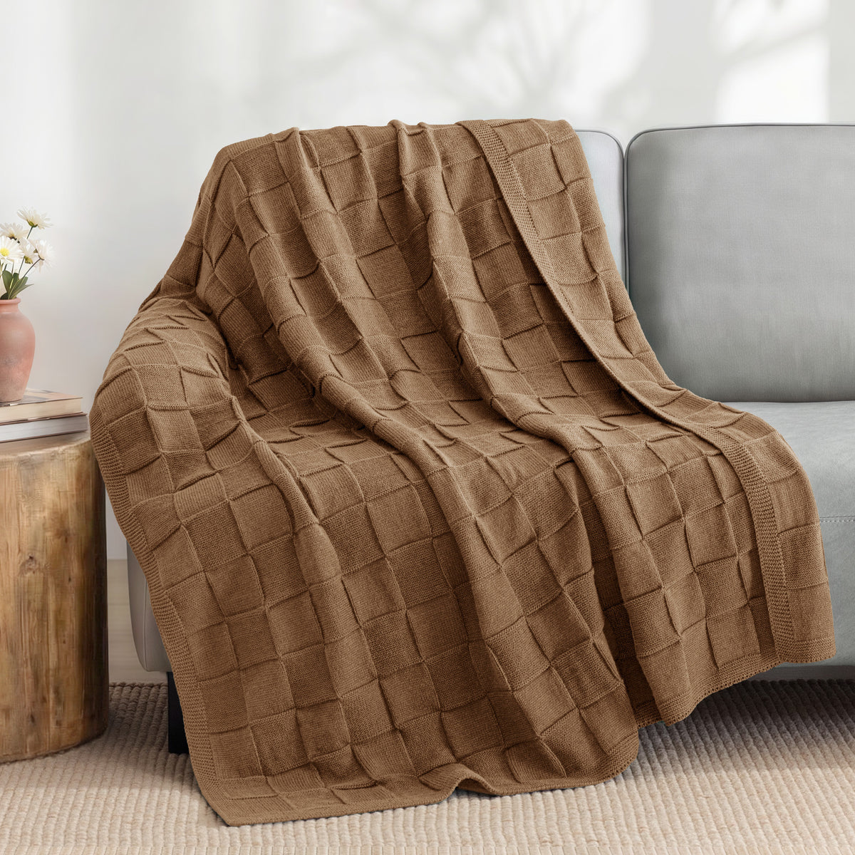 Whale Flotilla Knit Throw Blanket for Couch, Soft Fuzzy Decorative Knitted Blanket for Sofa Bed, Lightweight Cozy Warm Throws, 60x80 Inch, Brown