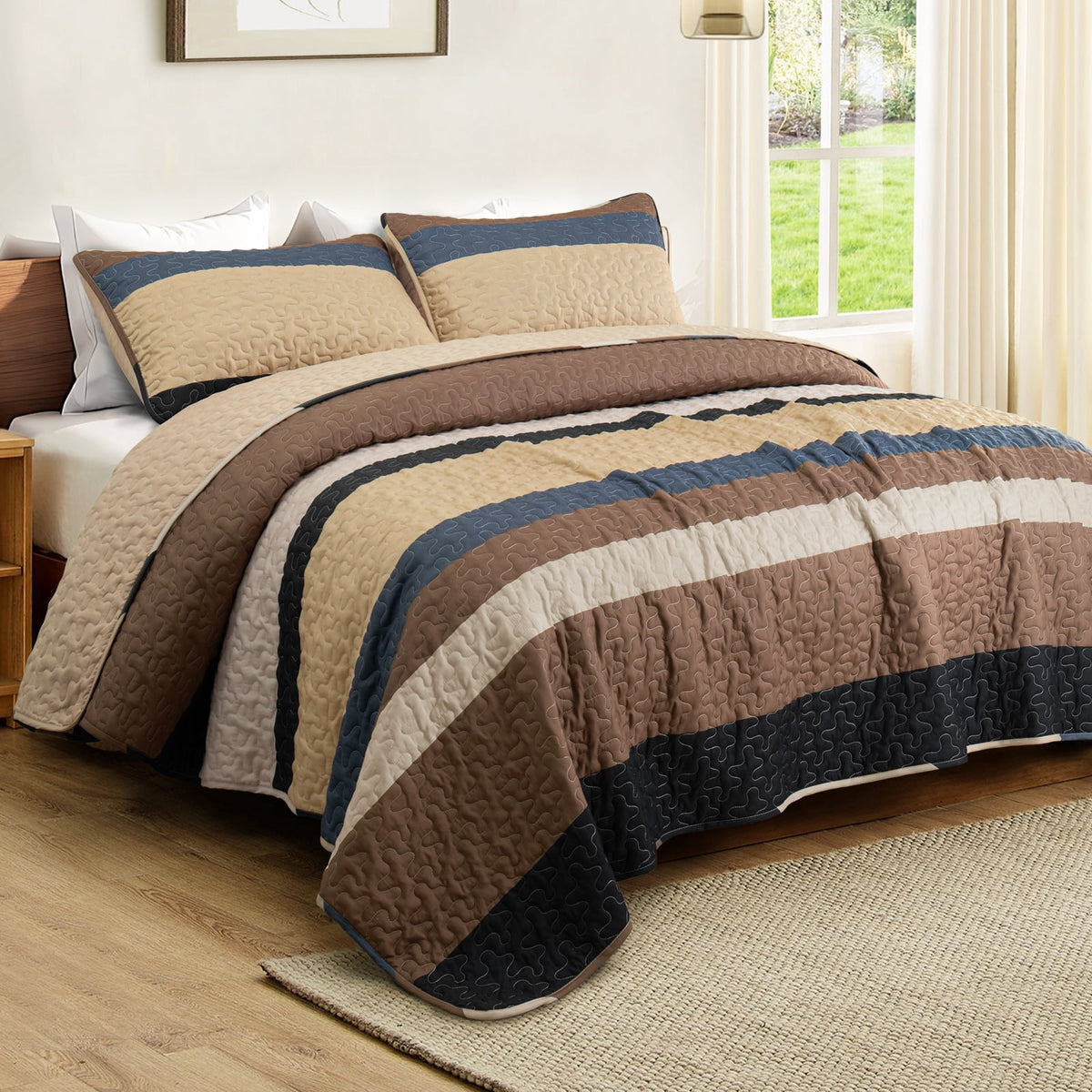Whale Flotilla Reversible Ultra Soft Printed Quilts Queen Size, Lightweight Patchwork Geometric Stripes Bedspreads Coverlets Queen Quilt Bedding Set with 2 Pillow Shams for All Seasons, Camel