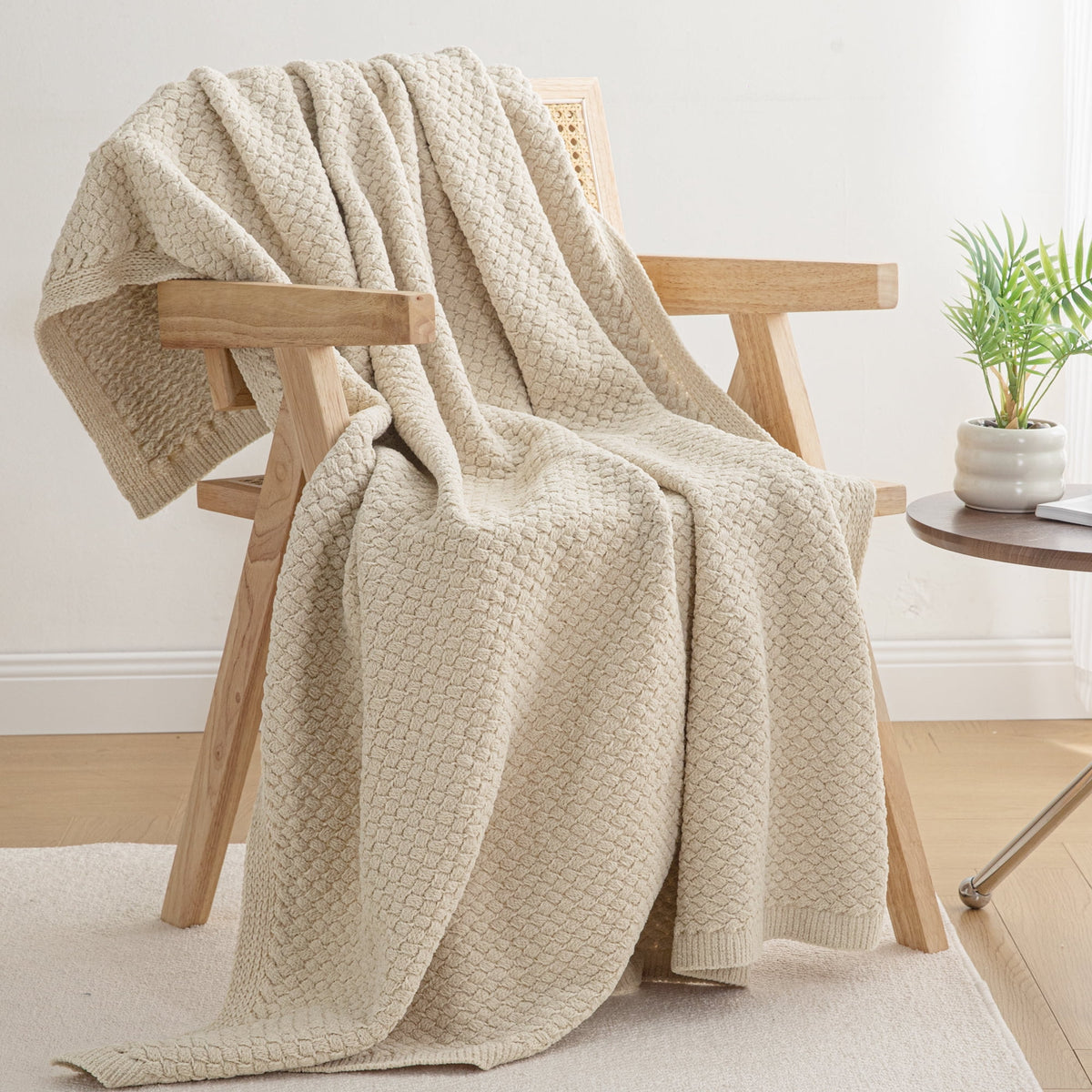 Whale Flotilla Knit Chenille Twin Size Blanket for Bed, Soft Fuzzy Warm Chunky Bed Blanket, 60"x80", Camel