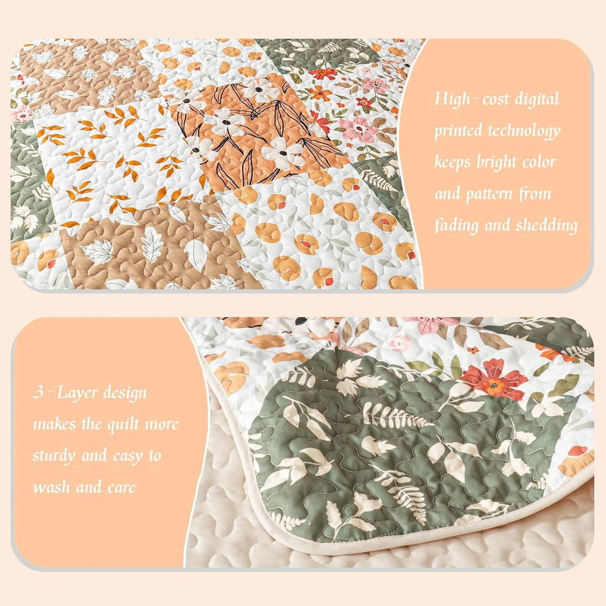 Whale Flotilla Reversible Patchwork Quilt Set California King Size, Lightweight Boho Printed Bedspreads Coverlets Quilts Bedding Set with 2 Pillow Shams for All Seasons, Orange