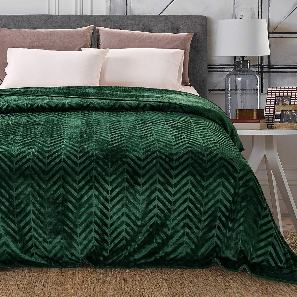 Whale Flotilla Flannel Fleece Queen Size 90x90 Inch Bed Blanket, Soft Velvet Lightweight Bedspread Plush Fluffy Coverlet Chevron Design Decorative Blanket for All Season, Deep Green
