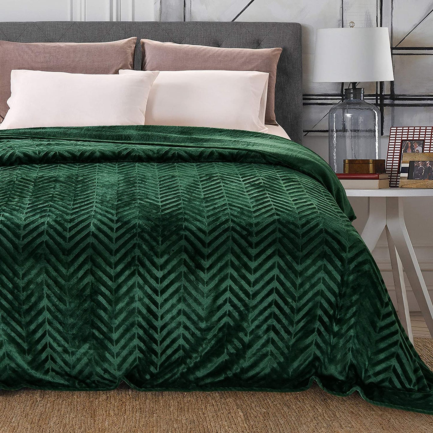 Whale Flotilla Flannel Fleece King Size(90x104 Inch) Lightweight Bed Blanket, Soft Velvet Bedspread Plush Fluffy Coverlet Chevron Design Decorative Blanket for All Seasons, Dark Green