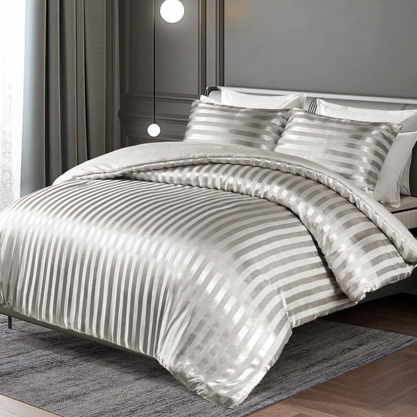 Whale Flotilla 2-Piece Reversible Silky Soft Twin Size Comforter Set, Luxury Stripe Satin Comforter Bedding Set with Satin Pillowcase, Lightweight Duvet for All Seasons, Grey