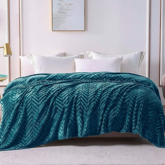 Whale Flotilla Flannel Fleece Double Size Blanket for Bed, 150x200 CM, Soft Fluffy Velvet Bed Blanket with Decorative Chevron Pattern for All Season, Warm and Lightweight, Teal