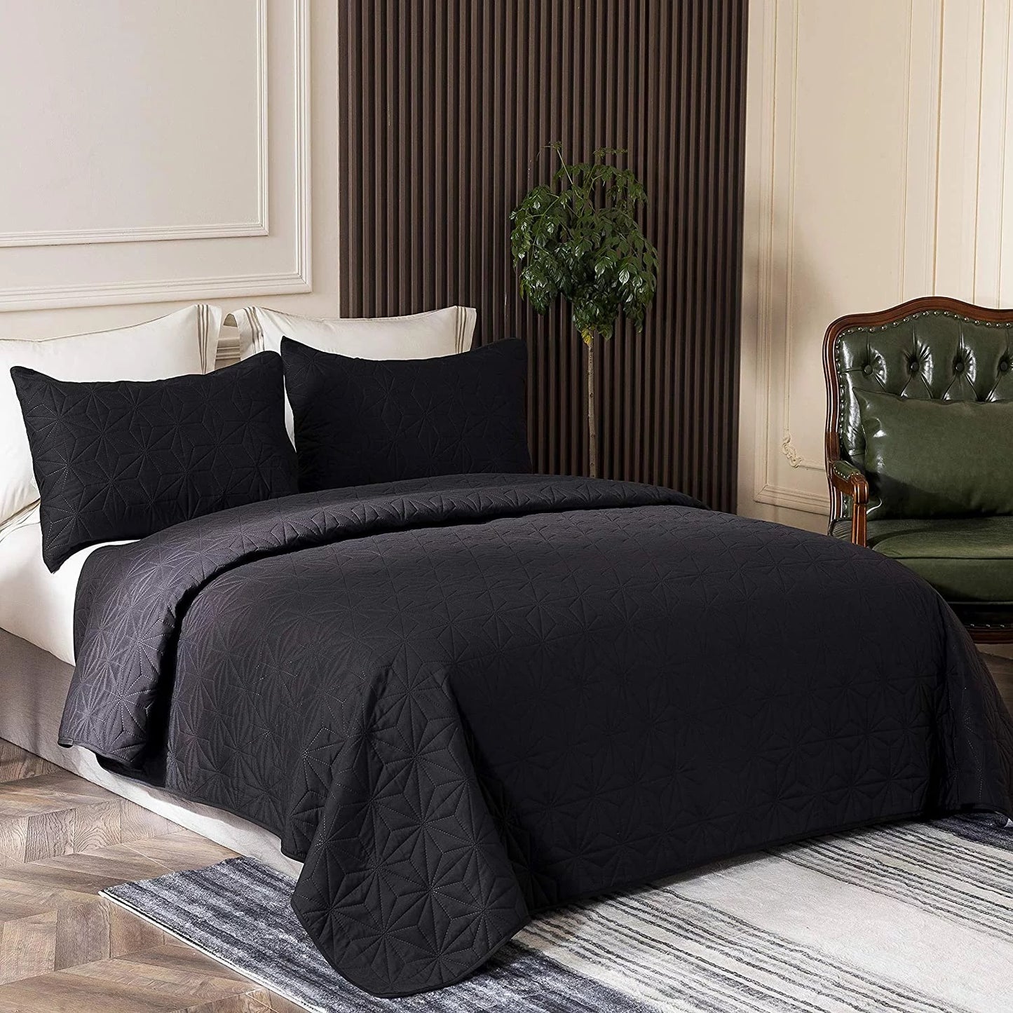 Whale Flotilla Microfiber Twin Size (68x88 inches) Quilt Set Lightweight Quilted Bedspreads Coverlets Set with Stars Pattern, Black, 2 Piece (1 Quilt, 1 Sham)