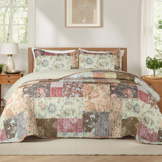 Whale Flotilla Reversible Patchwork Quilts Twin Size, Lightweight Boho Printed Bedspreads Coverlets Quilt Bedding Set with 1 Pillow Shams for All Seasons, Vintage Red Flowers
