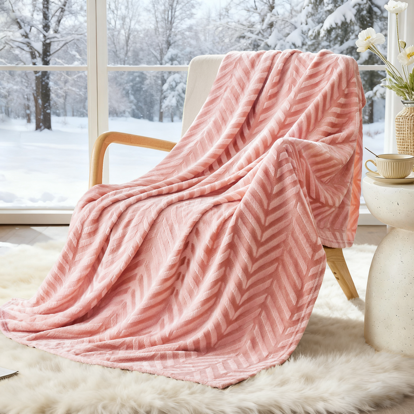 Whale Flotilla Soft Flannel Fleece Lightweight Throw Blanket(50"x60"), Brushed Chevron Design Fluffy Plush Cozy Blanket for All Seasons, Pink