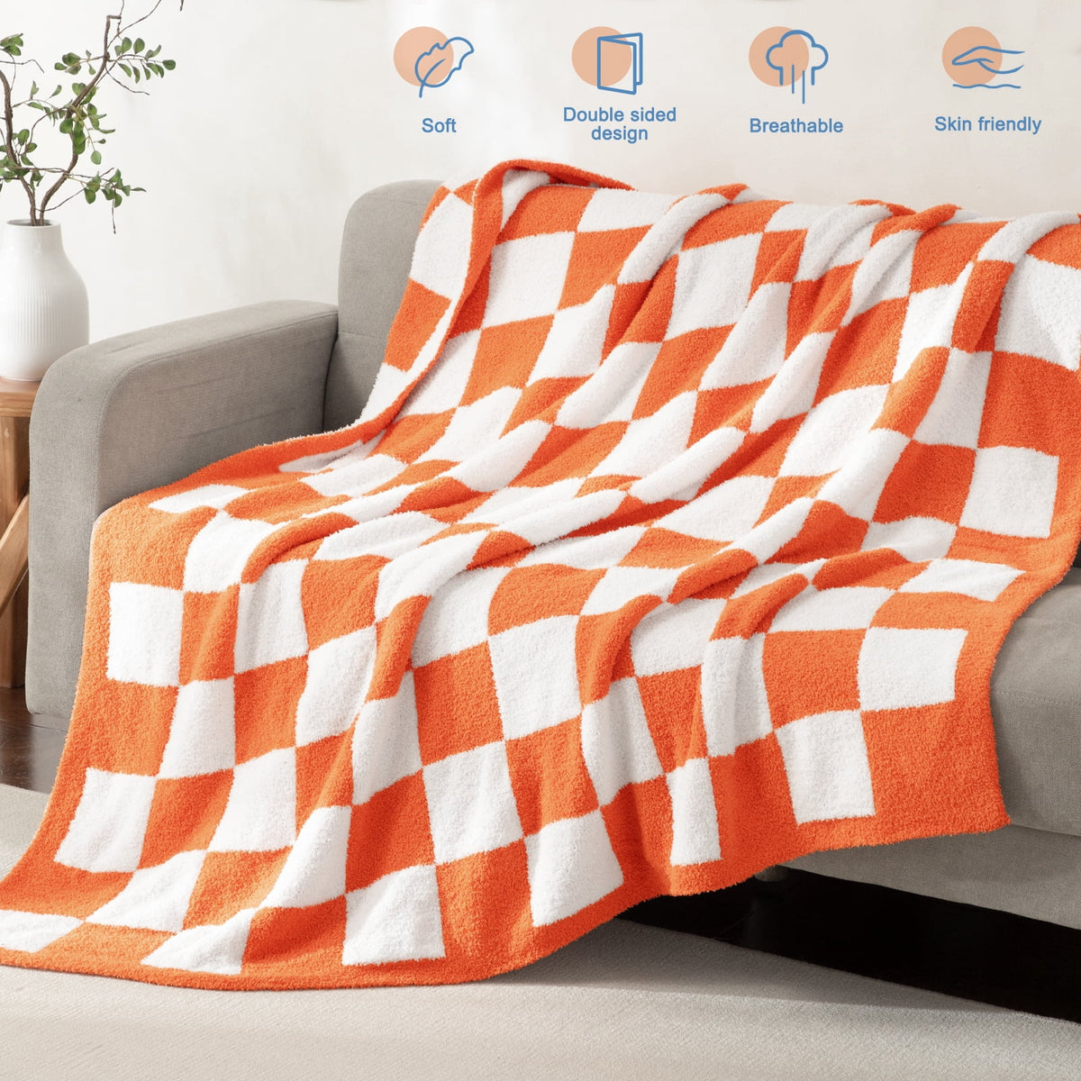 Whale Flotilla Checkered Knit Throw Blanket for Couch, Sofa, Bed, Soft Fluffy and Cozy, 50"x60", Orange
