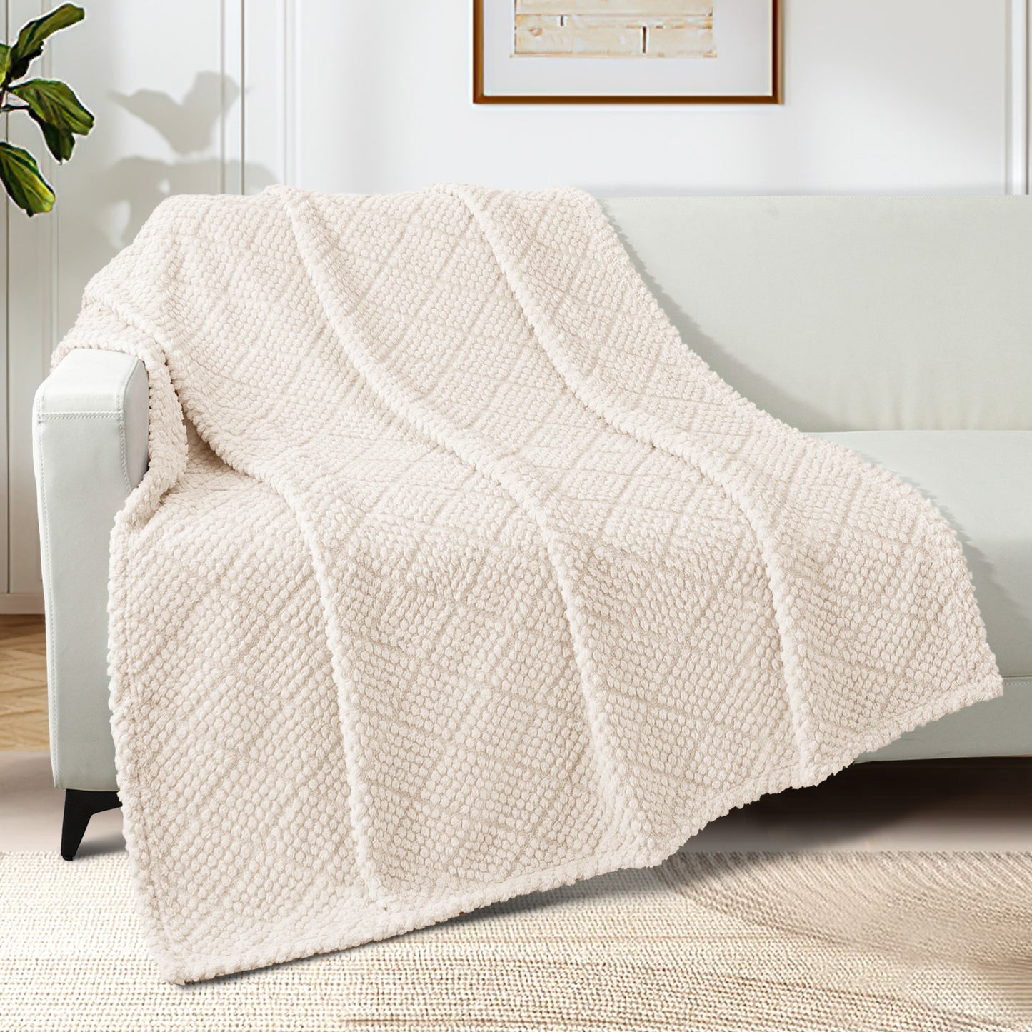 Whale Flotilla Fuzzy Fleece Throw Blanket for Couch, Bed, Soft Fluffy Jacquard Waffle Blankets for All Season, Lightweight and Warm, 50x60 Inch, Ivory