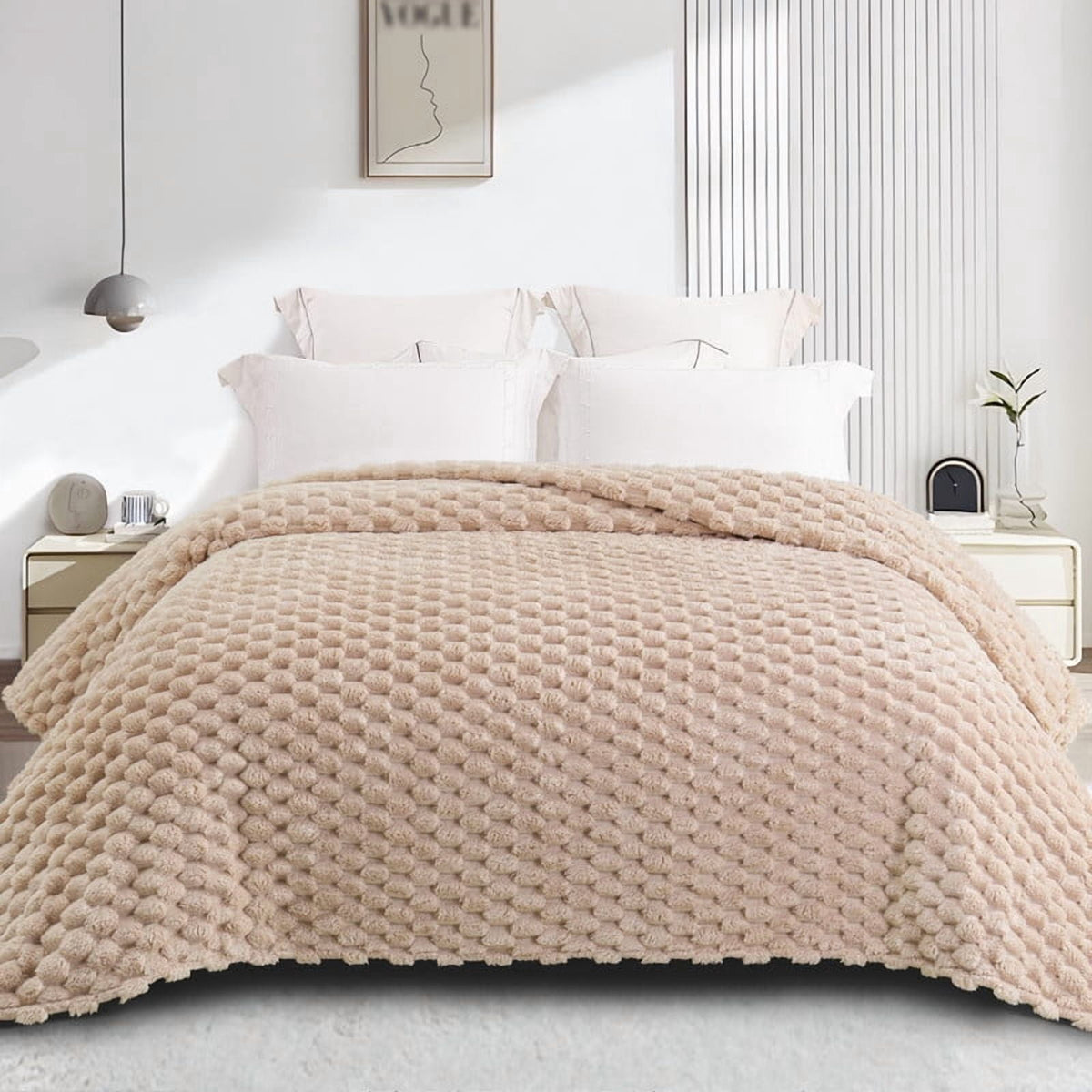 Whale Flotilla 90"x 90" Queen Size Blanket for Bed with Expanded 3D-Jacquard Pattern, Fuzzy Soft Cozy Exquisite Blankets or All Season, Warm and Fluffy, Camel
