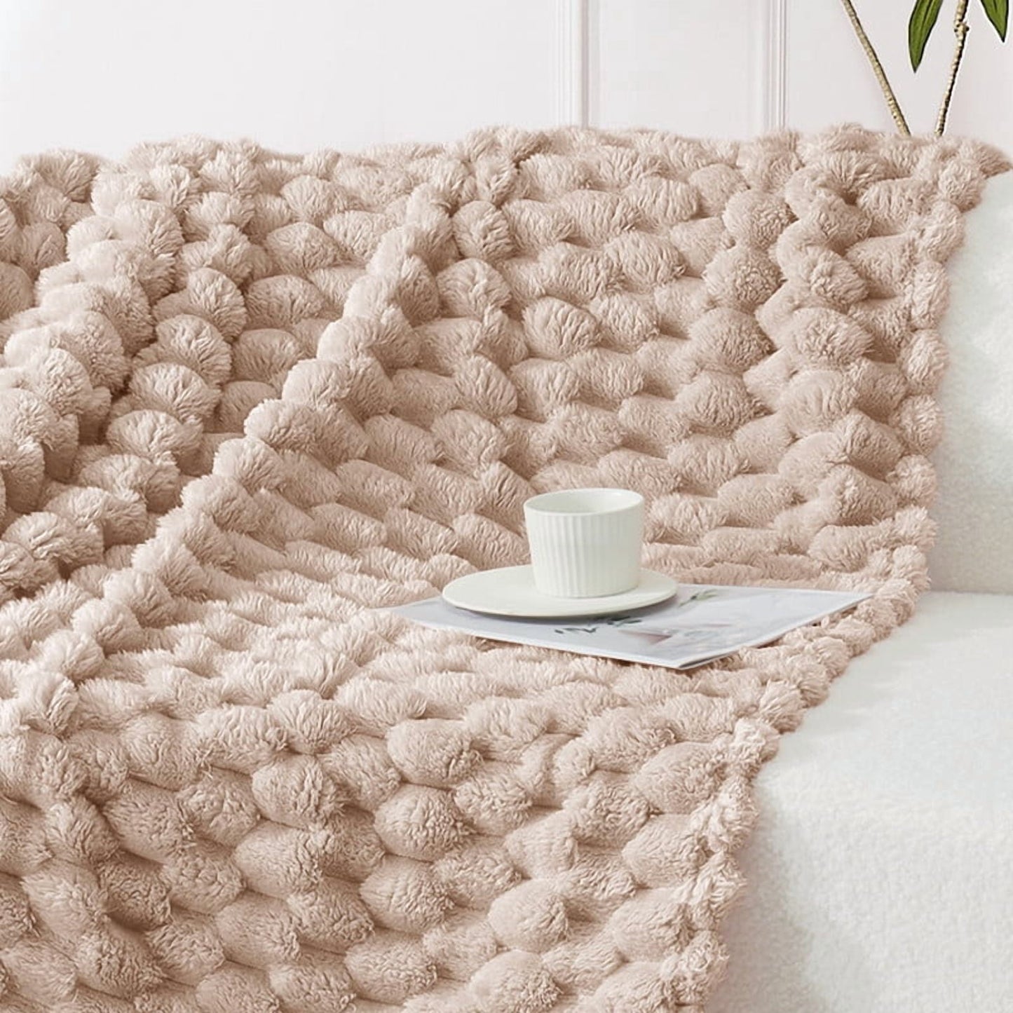 Whale Flotilla 90"x 90" Queen Size Blanket for Bed with Expanded 3D-Jacquard Pattern, Fuzzy Soft Cozy Exquisite Blankets or All Season, Warm and Fluffy, Camel