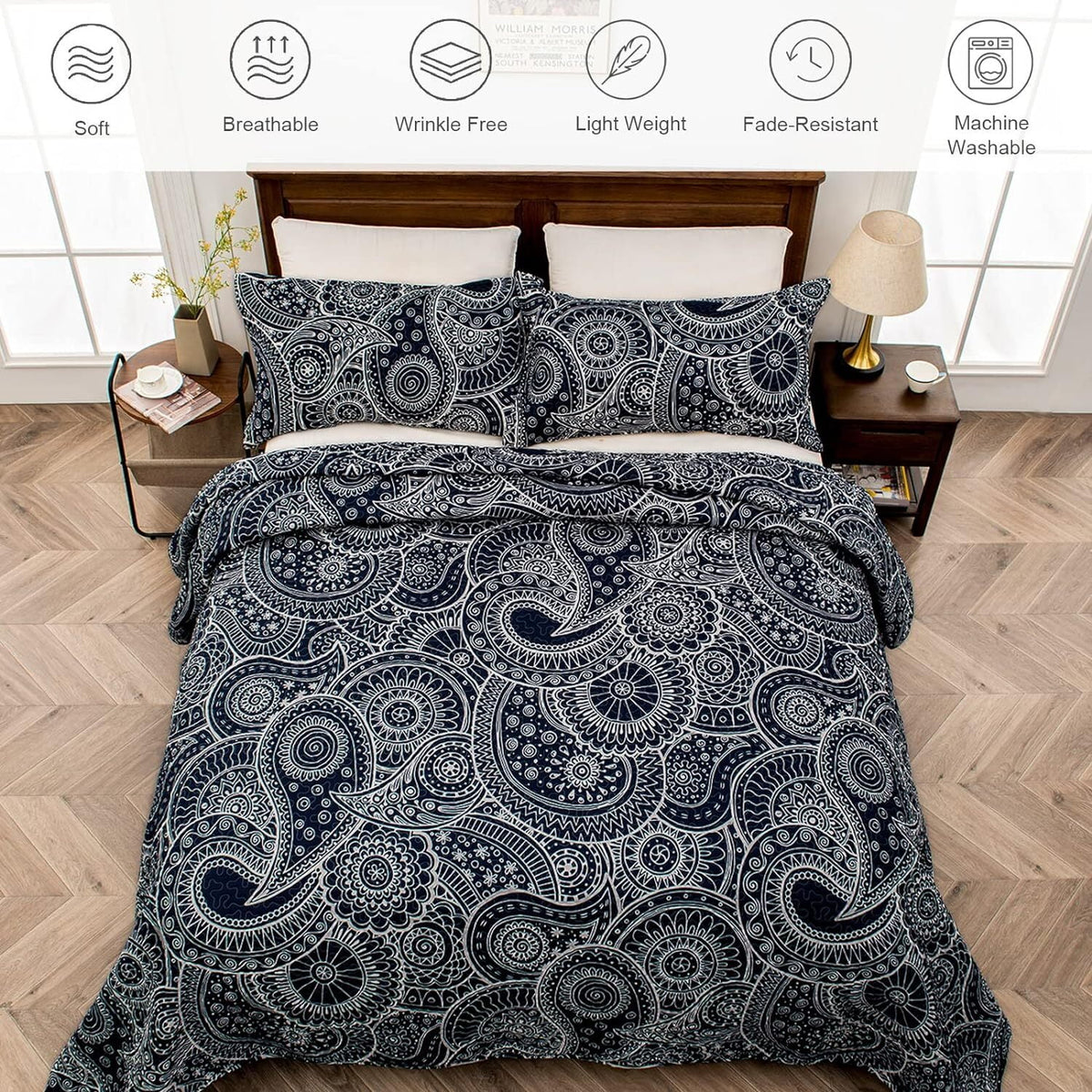 Whale Flotilla Reversible Paisley Quilt Set California King Size, Lightweight Boho Printed Bedspreads Coverlets Quilts Bedding Set with 2 Pillow Shams for All Seasons, Navy/Bone