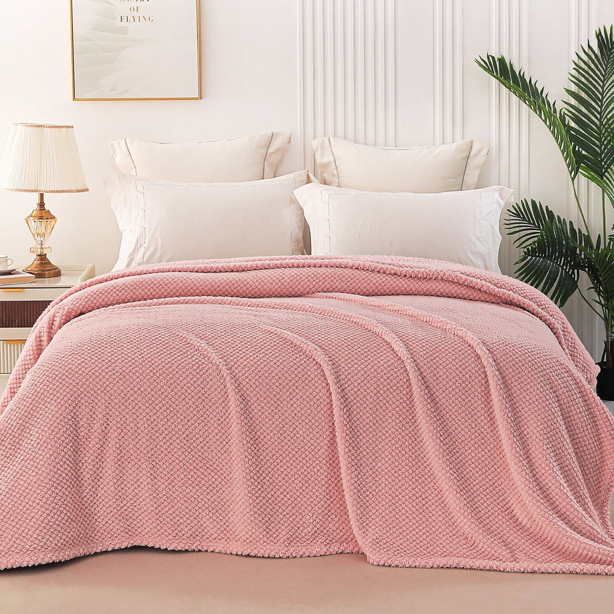 Whale Flotilla Queen Size Fuzzy Fleece Blanket, 90"x90" Fluffy Lightweight Soft Jacquard Bed Blankets for All Seasons, Warm and Cozy, Pink