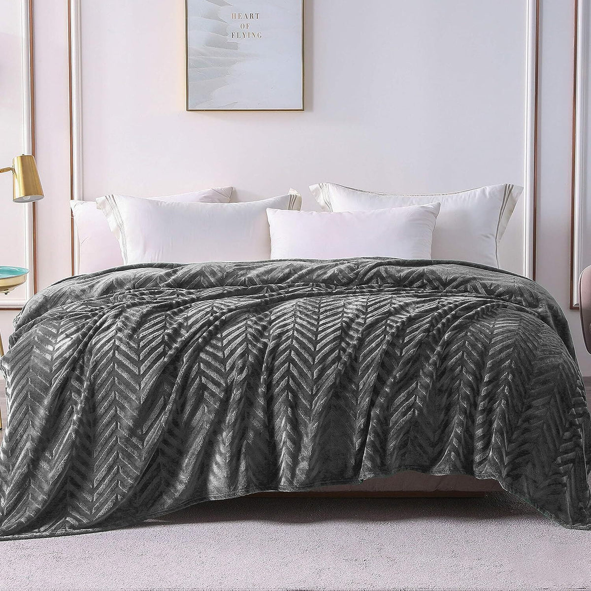 Whale Flotilla Flannel Fleece King Size 90x104 Inch Bed Blanket, Soft Velvet Lightweight Bedspread Plush Fluffy Coverlet Chevron Design Decorative Blanket for All Season, Dark Grey