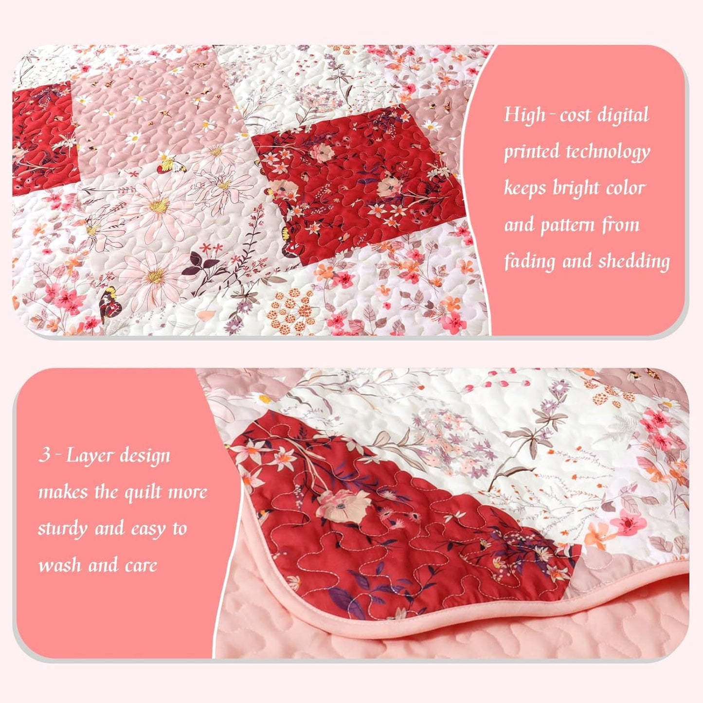 Whale Flotilla Reversible Patchwork Quilts Twin Size, Lightweight Boho Printed Bedspreads Coverlets Quilt Bedding Set with 1 Pillow Sham for All Seasons, Red