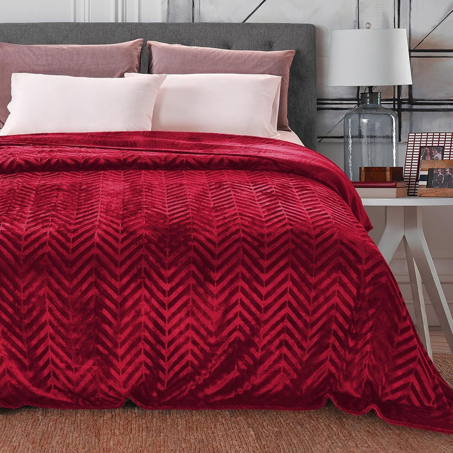Whale Flotilla Flannel Fleece Twin Size 60x80 Inch Bed Blanket, Soft Velvet Lightweight Bedspread Plush Fluffy Coverlet Chevron Design Decorative Blanket for All Season, Red