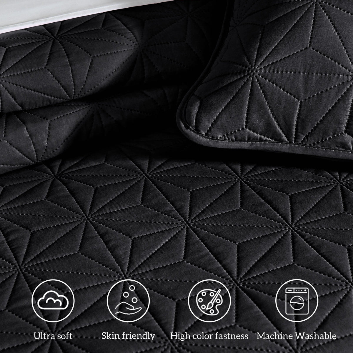 Whale Flotilla Microfiber California King 104"x 112" Quilt Set Lightweight Quilted Bedspreads Coverlets Set with Stars Pattern, Black