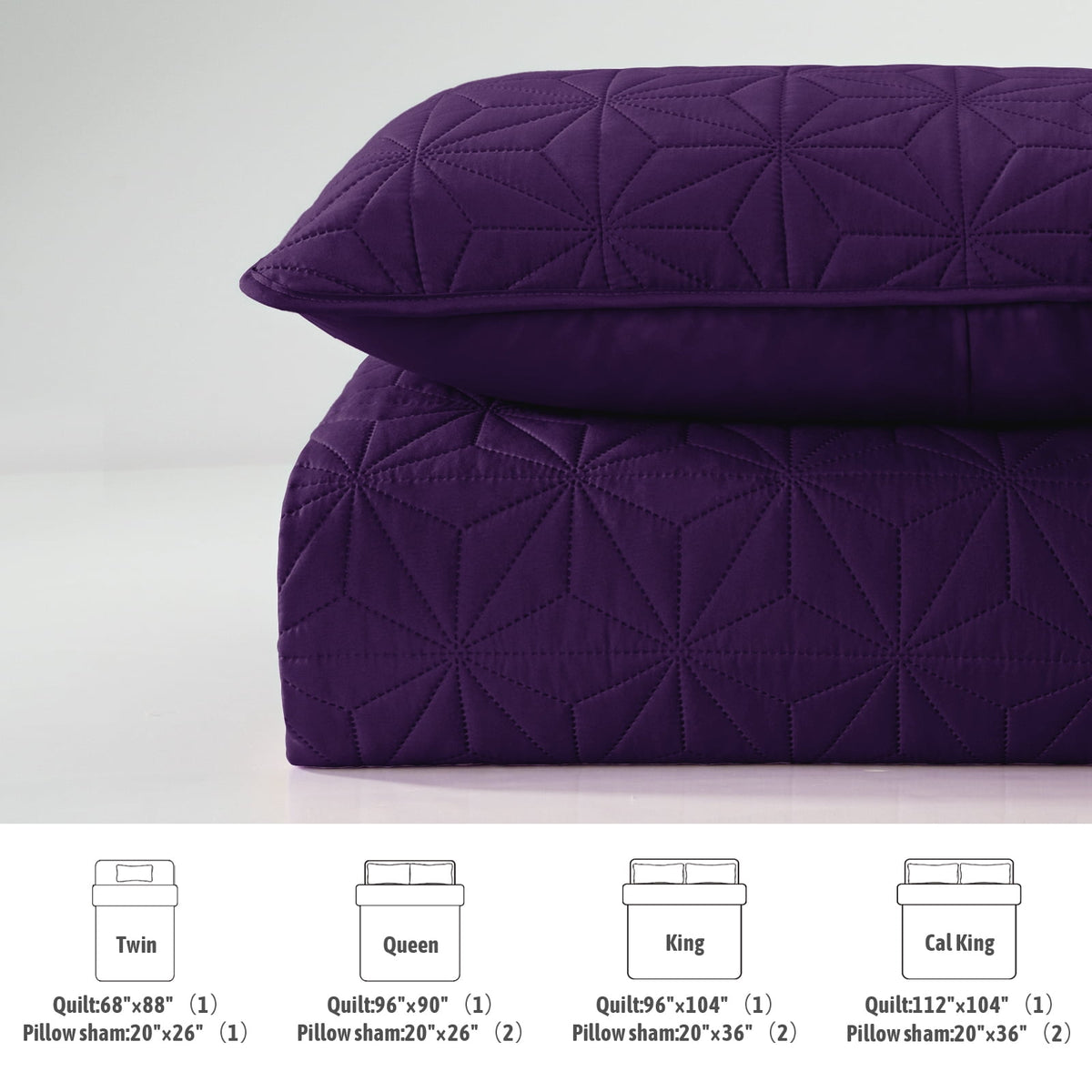 Whale Flotilla Microfiber King Size 96"x 104" Quilt Set Lightweight Quilted Bedspreads Coverlets Set with Stars Pattern, Purple