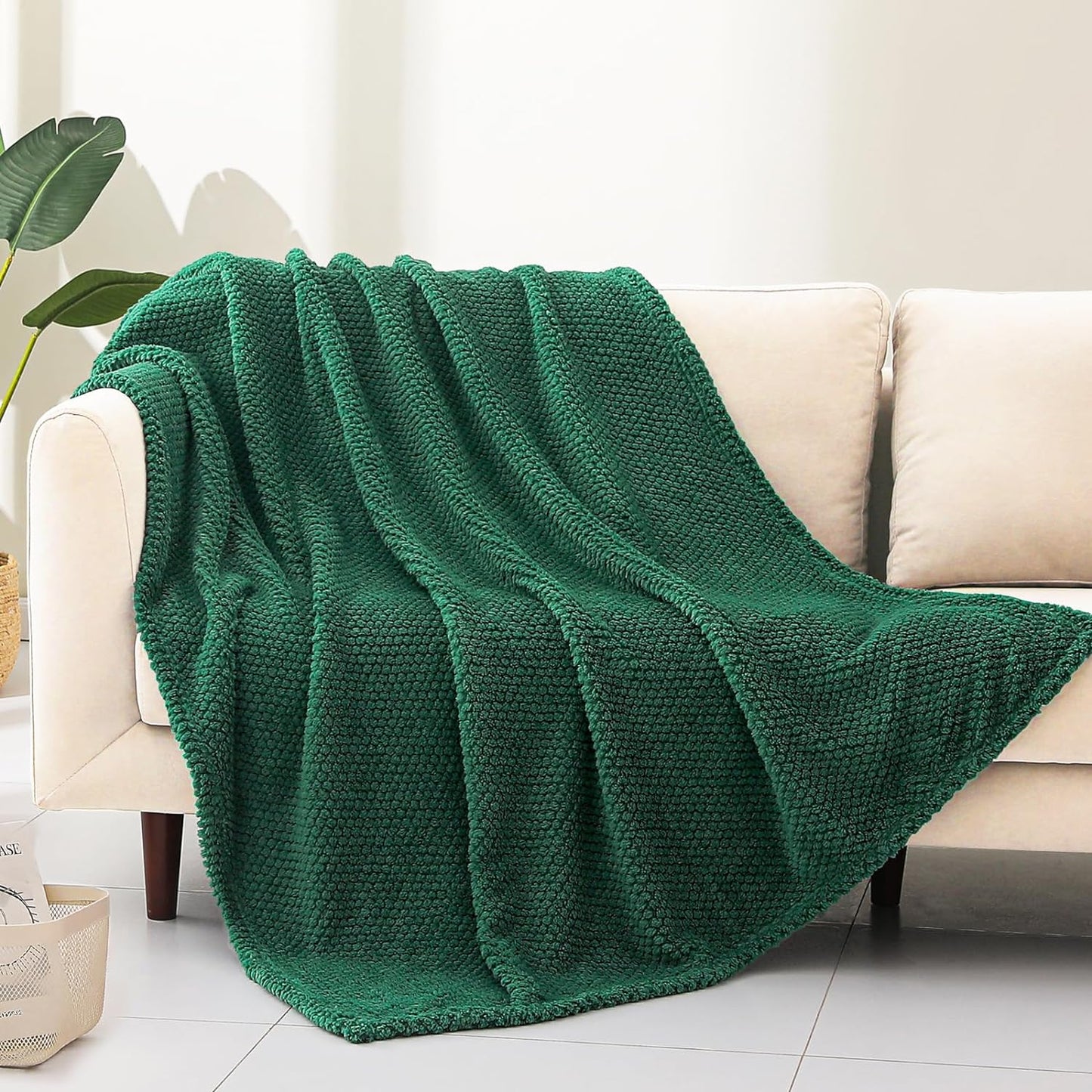 Whale Flotilla Queen Size Fuzzy Fleece Blanket, Fluffy Warm Soft Jacquard Bed Blankets for Fall Winter, Lightweight and Cozy, 90x90 Inch, Deep Green
