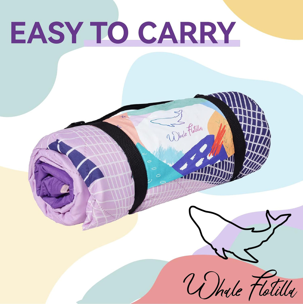 Whale Flotilla Extra Large Outdoor Picnic Blanket (60''x80''), Waterproof Durable Beach Blanket, Foldable Handy Mat Tote Spring Summer Great for Camping and Park, Purple