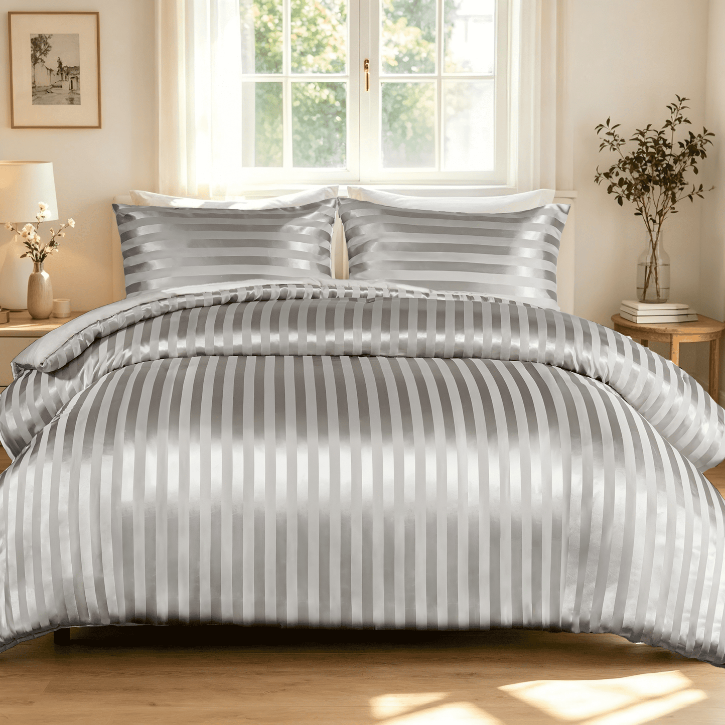 Whale Flotilla Queen Comforter Set 3-Piece Grey Satin Stripe Bedding, Lightweight All-Season Reversible Soft Bedding Set with 2 Pillowcases
