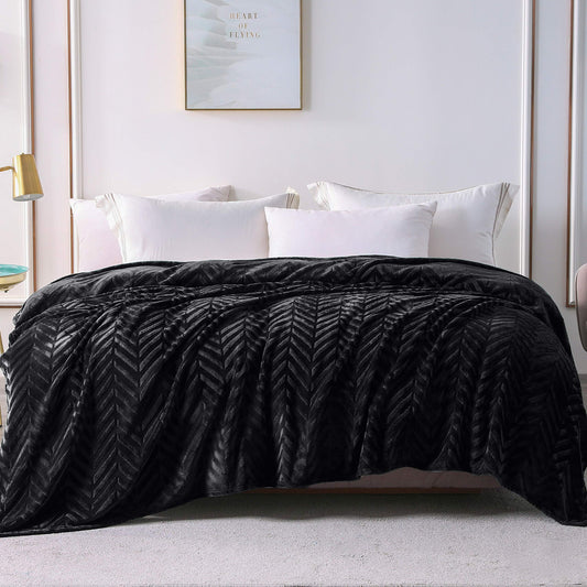 Whale Flotilla Flannel Fleece Double Size Blanket for Bed, 150x200 CM, Soft Fluffy Velvet Bed Blanket with Decorative Chevron Pattern for All Season, Warm and Lightweight, Black